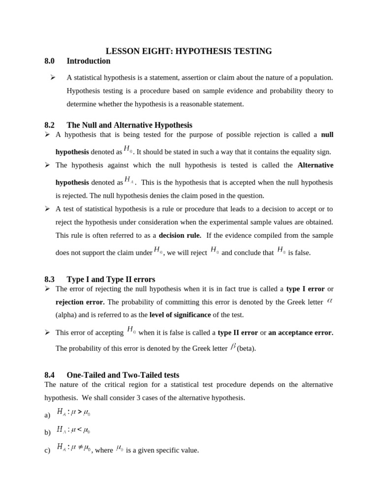Hypothesis Testing | PDF | Hypothesis | Type I And Type Ii Errors