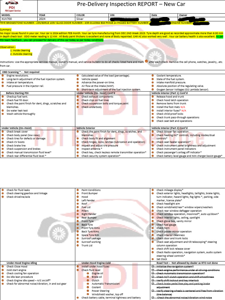 Pre-Delivery Inspection REPORT | PDF | Fuel Injection | Trunk (Car)