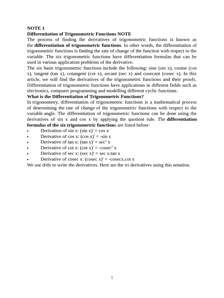 Differentiation of Trigonometric Functions NOTE | PDF | Trigonometric ...