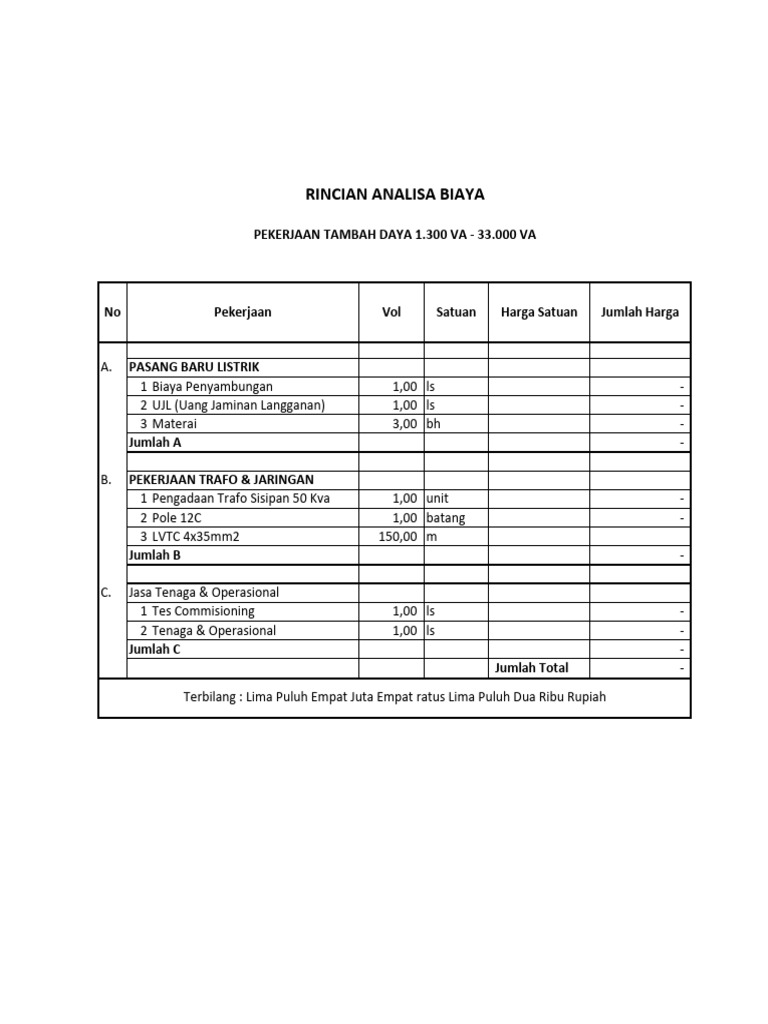 RAB Tambah Daya Listrik 1300-33000VA Upload | PDF