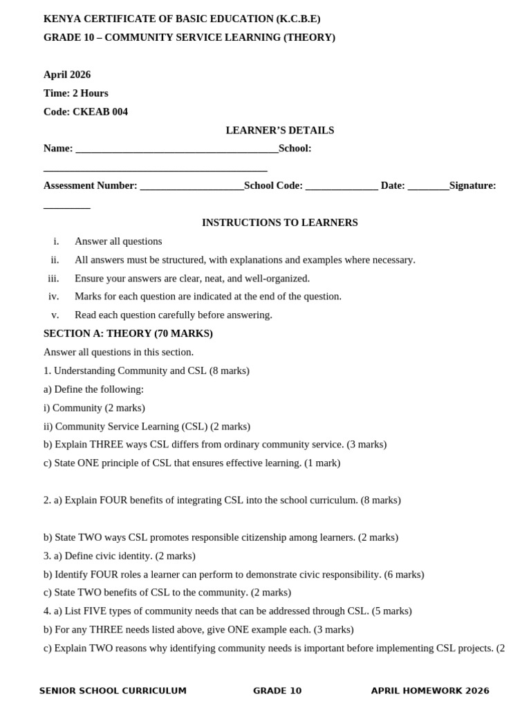 Grade 10 April 2026 CSL | PDF | Curriculum | Community