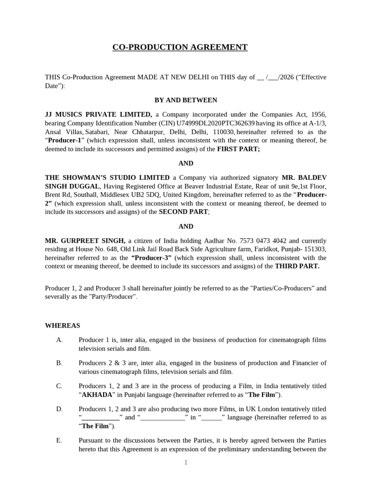 CO Production Agreement - Webseries | PDF | Indemnity | Intellectual ...