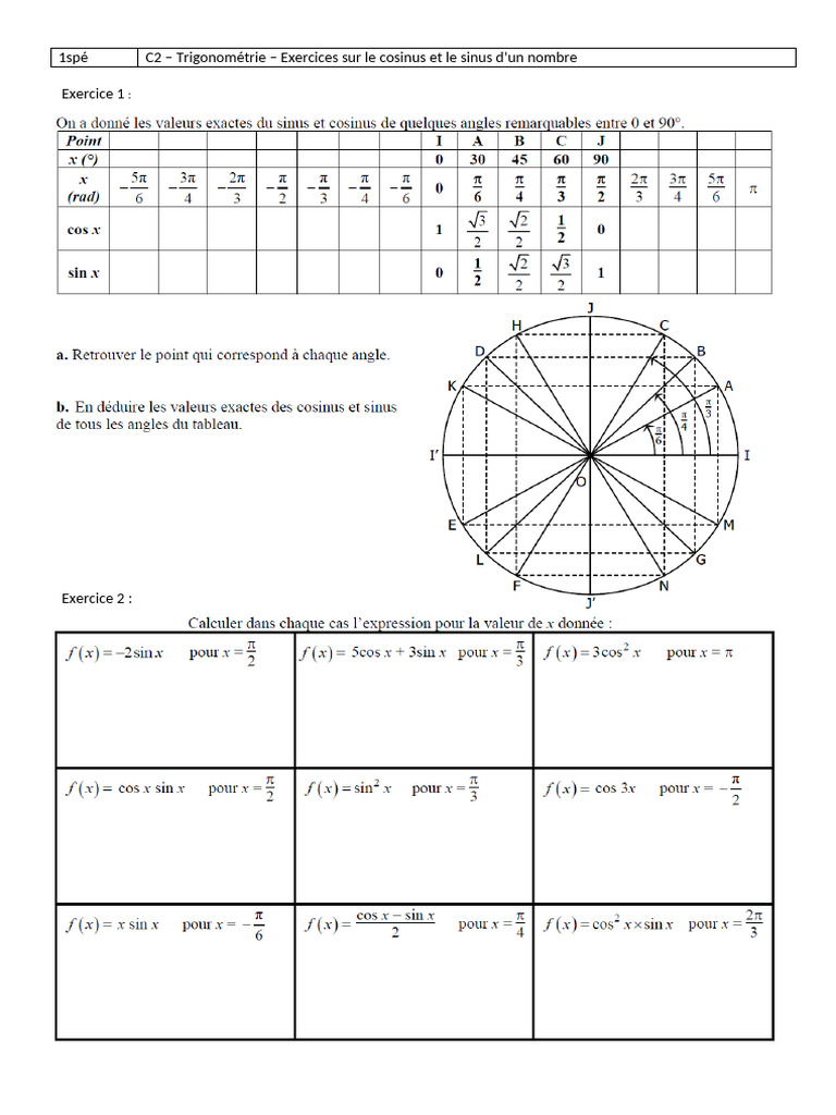 1spé - C2 - Exercices sur le cos et le sin d'un nombre | PDF