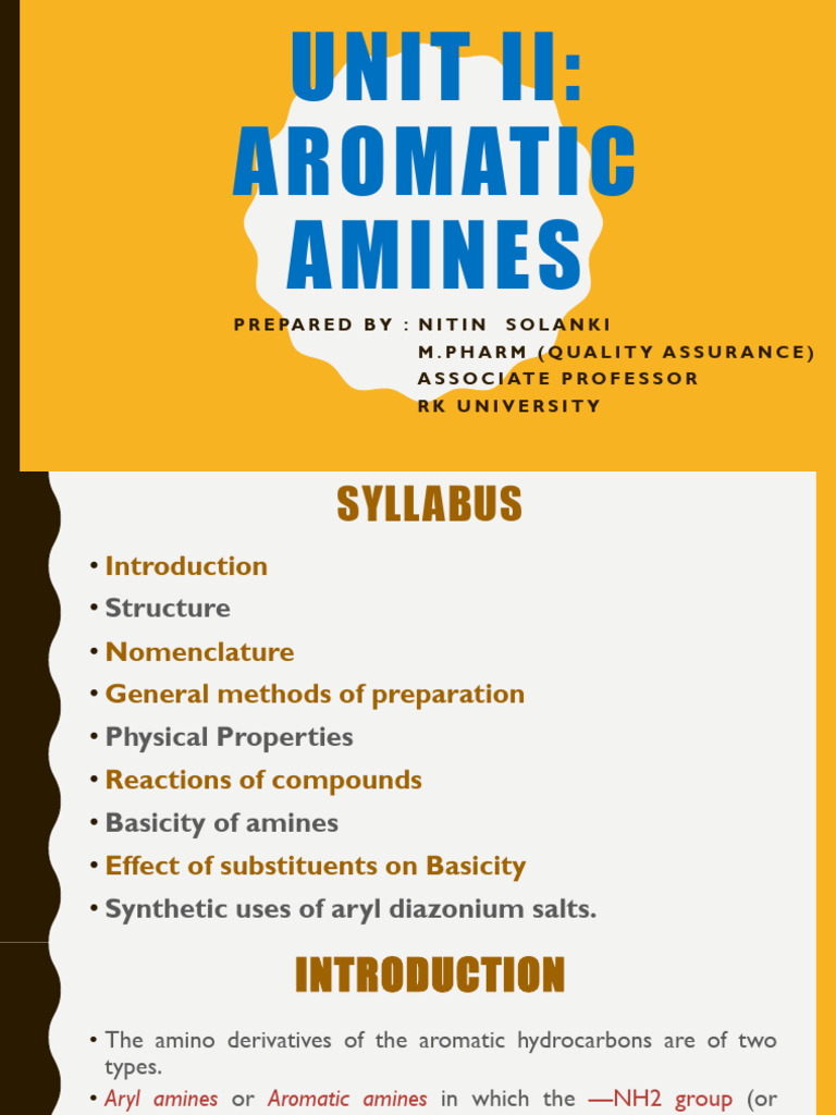 Unit II Aromatic Amines | PDF | Amine | Aromaticity
