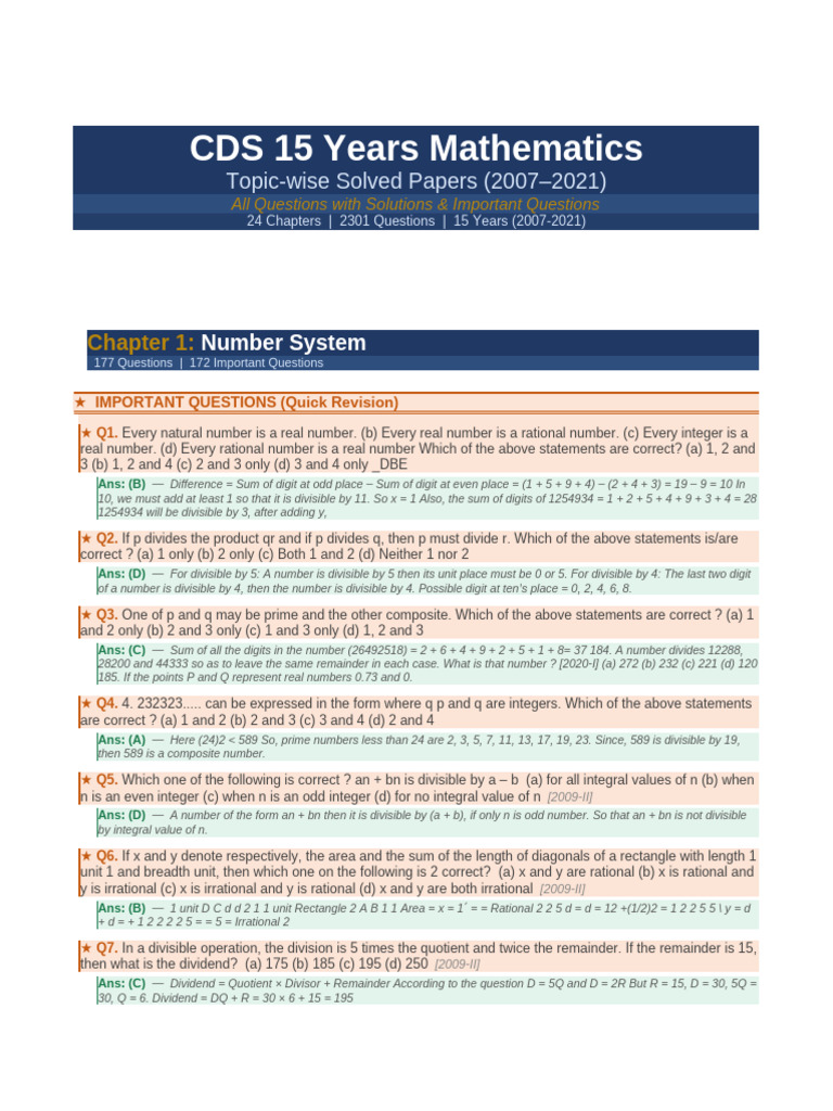 CDS Mathematics Complete | PDF | Numbers | Rational Number