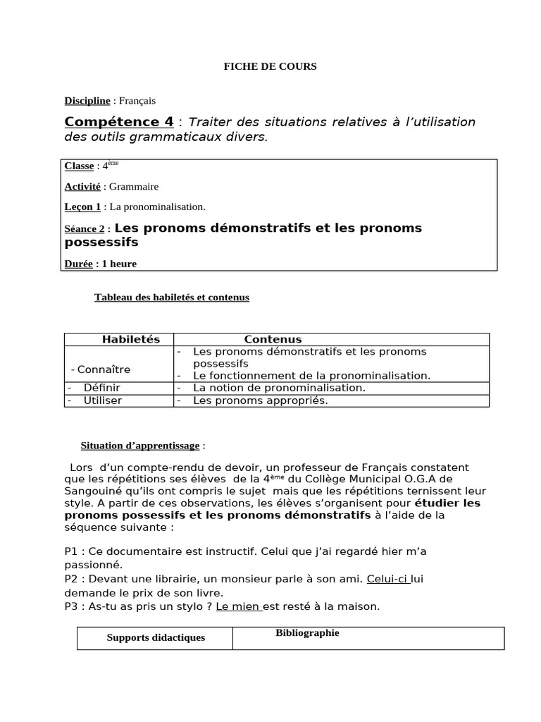 Grammaire 4e - Pronominalisation 2 | PDF | Pronom | Unités sémantiques