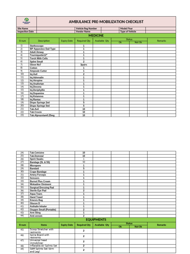 Pre Mobilization Check List of Ambulance | PDF