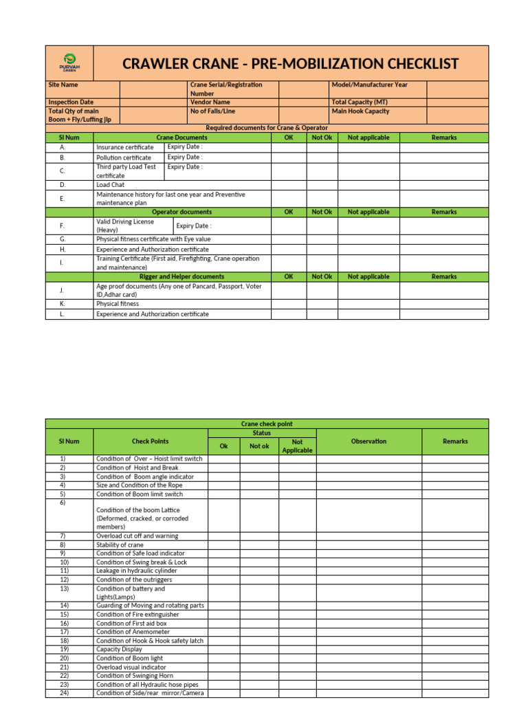 Pre Mobilization Check List of Crawler Crane | PDF | Crane (Machine ...