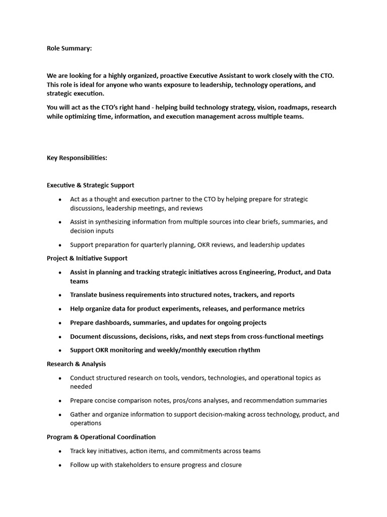 JD_Executive Assistant to the CTO (Intern) | PDF | Leadership | Business