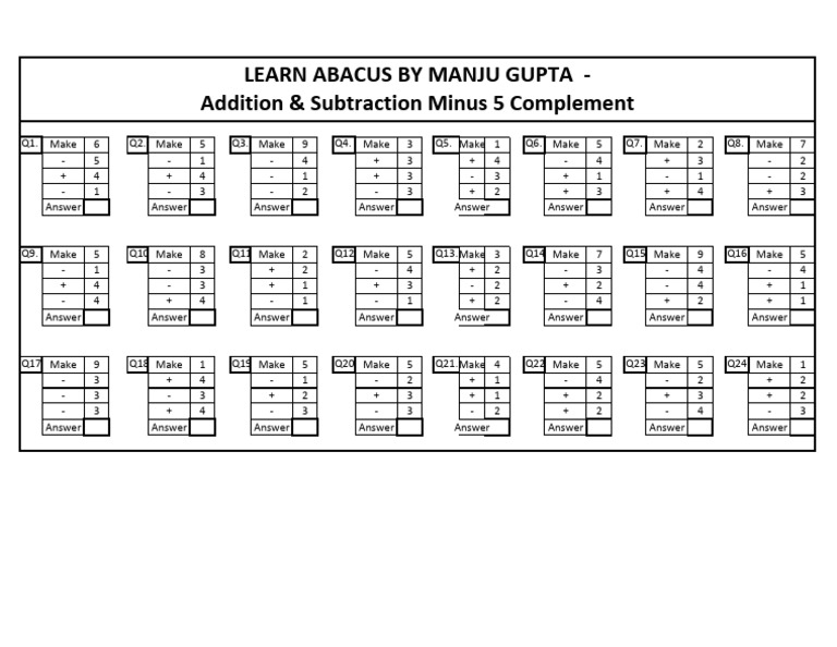 Addition & Subtraction Minus 5 Complement Worksheet | PDF