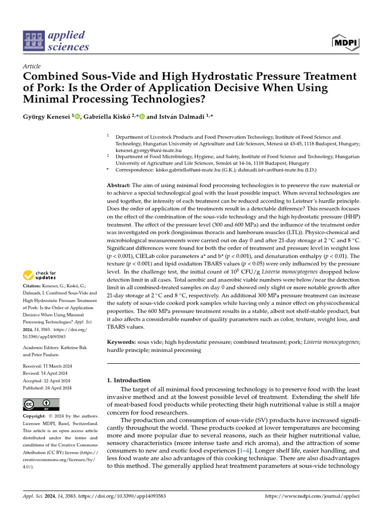 Combined Sous-Vide and High Hydrostatic Pressure Treatment | PDF ...