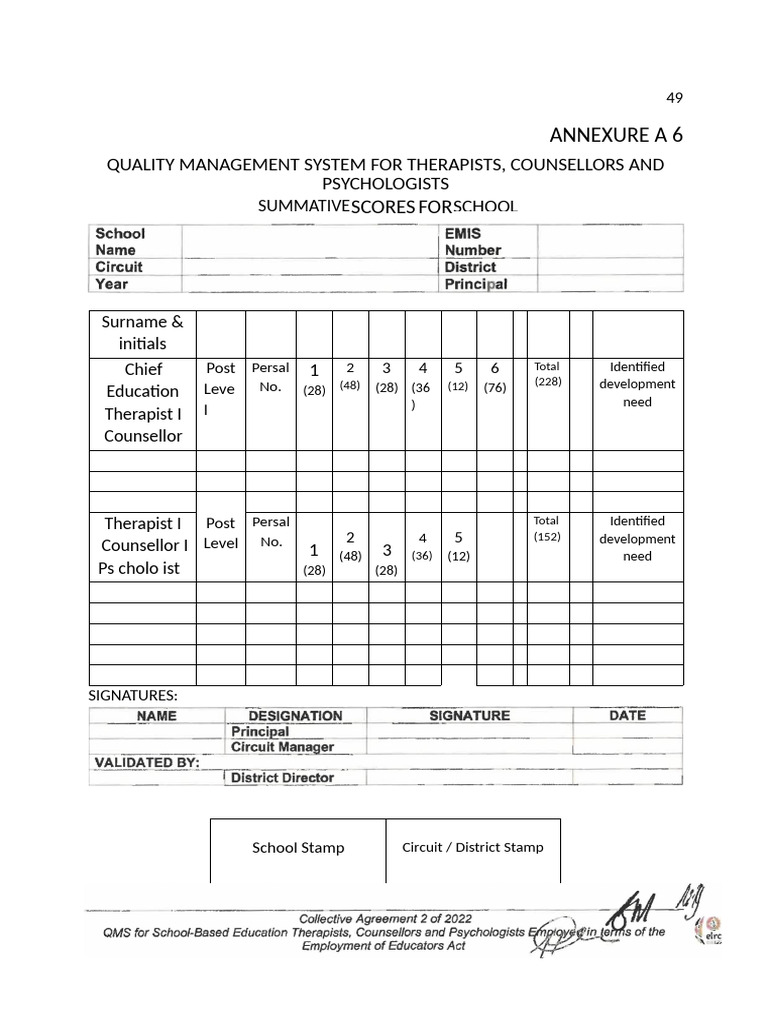 Summative Score Sheet for Chief Therapists | PDF