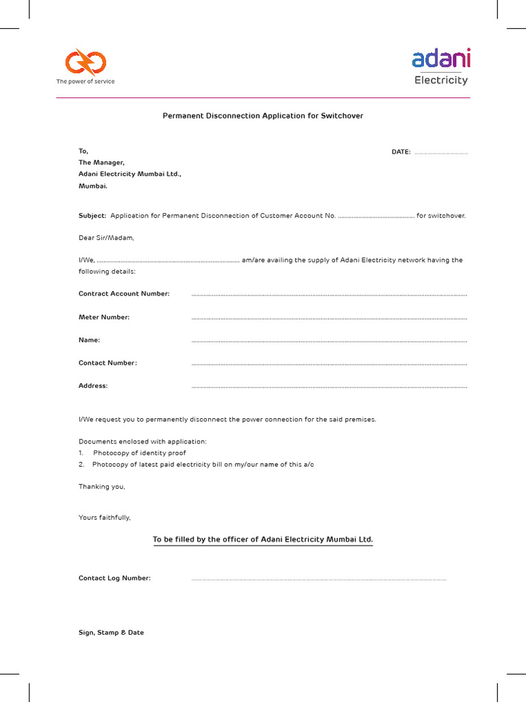Permanent Disconnection Form for Switchover | PDF