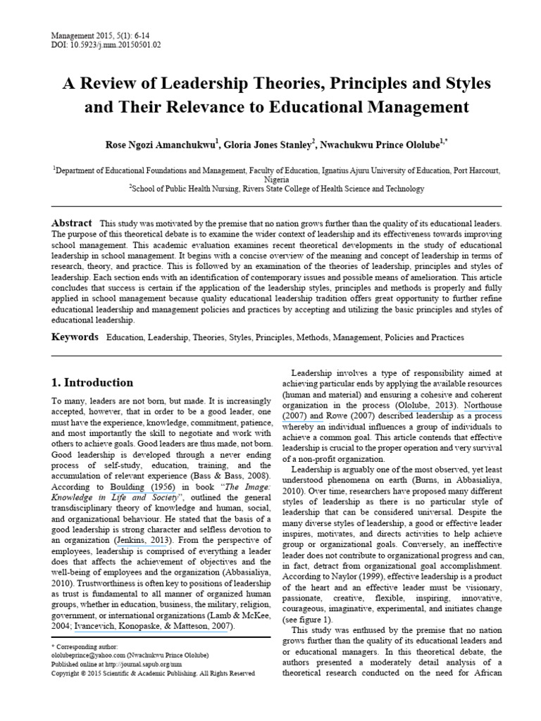 A Review of Leadership Theories Principl | PDF | Leadership | Psychology