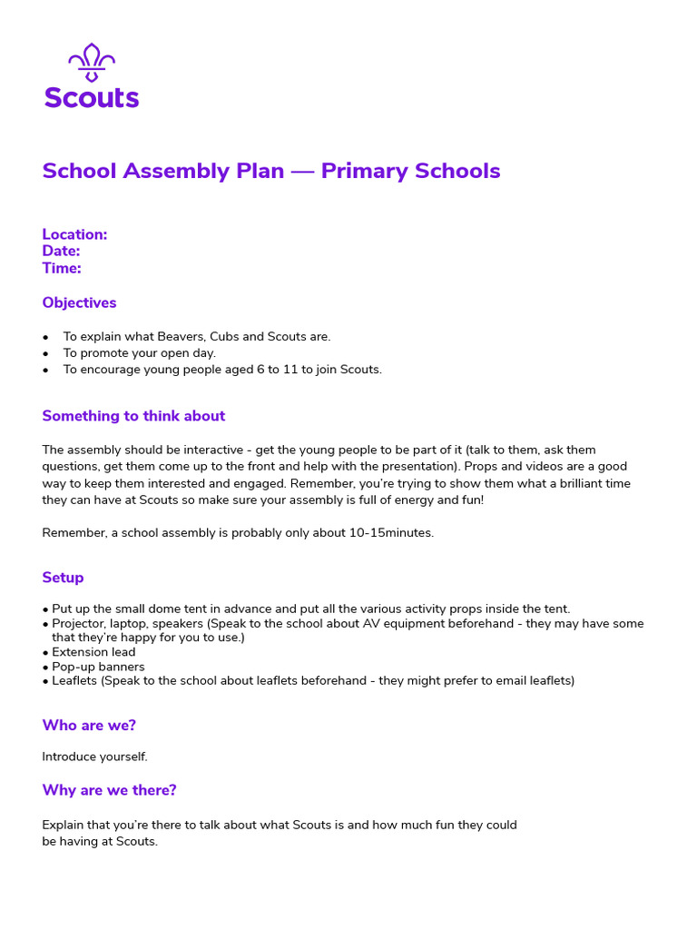 Plan for Primary Assembly | PDF | Scouting | Youth Organizations