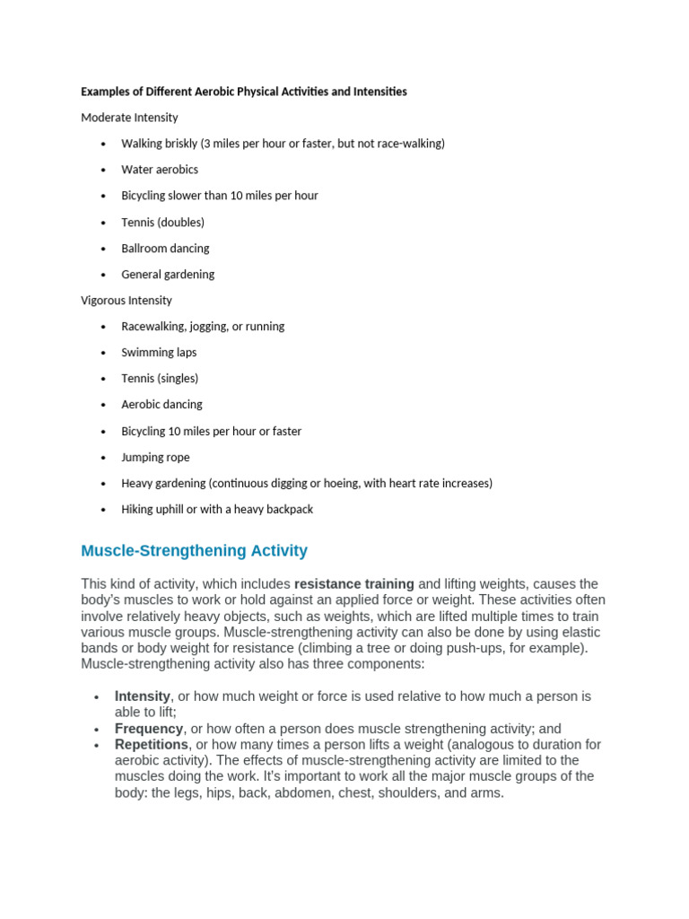 Examples of Different Aerobic Physical Activities and Intensities | PDF ...