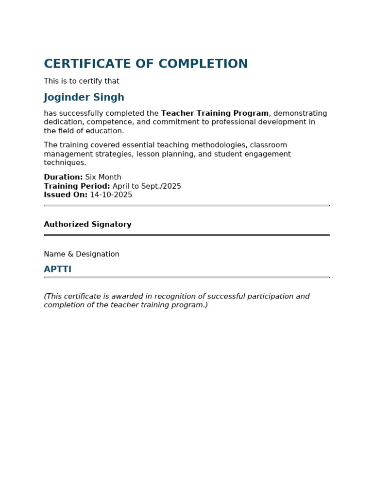 Teacher Training Certificate | PDF