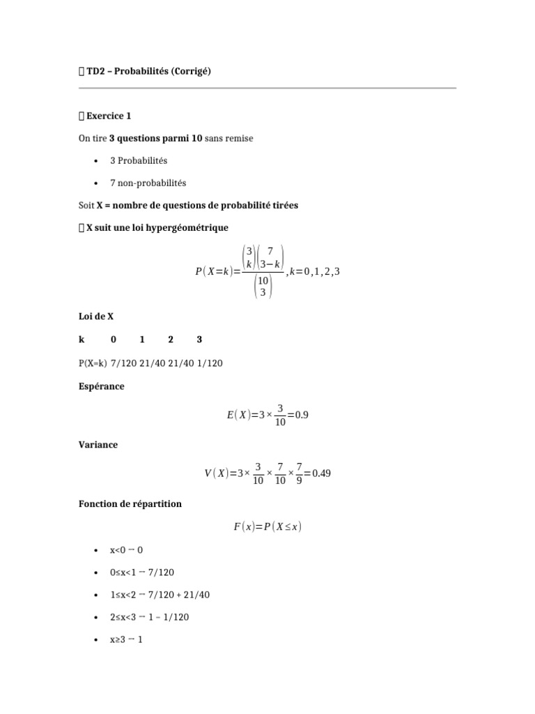 TD2 Probabilites Corrige | PDF | Théorie des probabilités | Probabilité