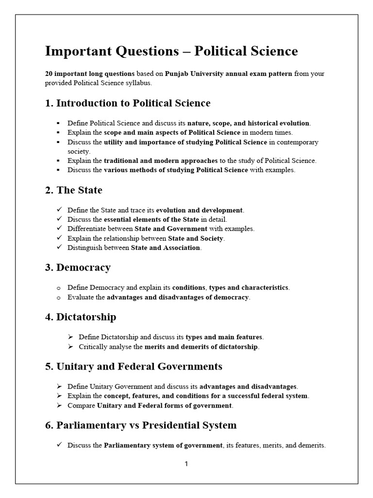 Important Questions Political Science-1 | PDF
