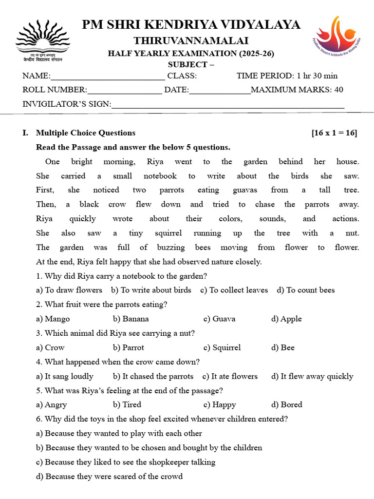 3rd Standard Half Yearly English Question Paper | PDF