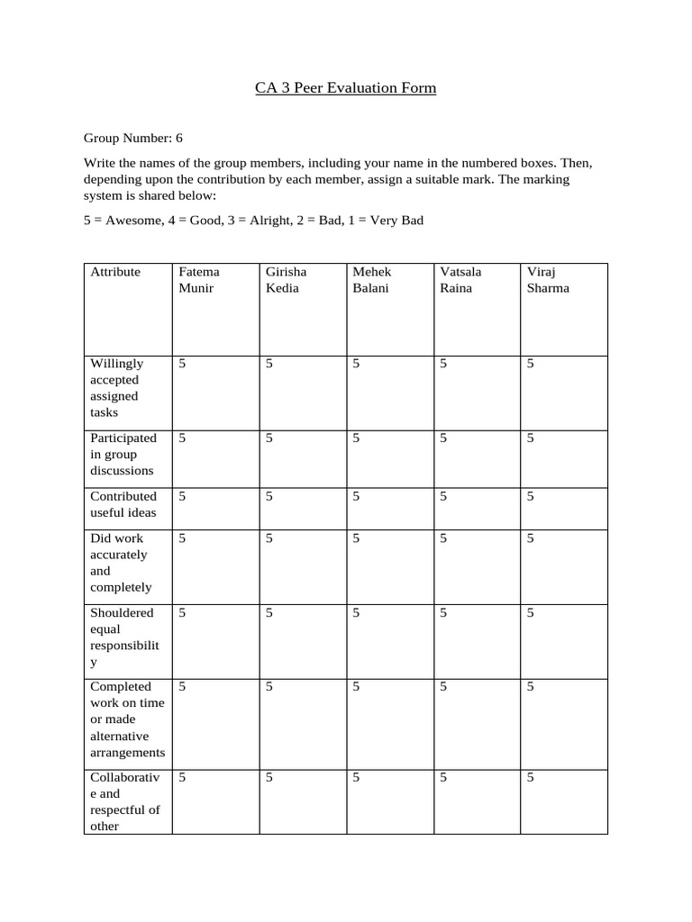 CA 3 Peer Evaluation Form | PDF