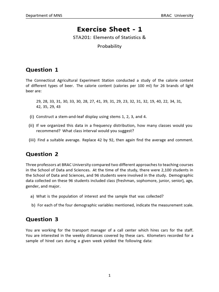 STA201 Exercise Sheet 1 | PDF | Sampling (Statistics) | Categorical ...