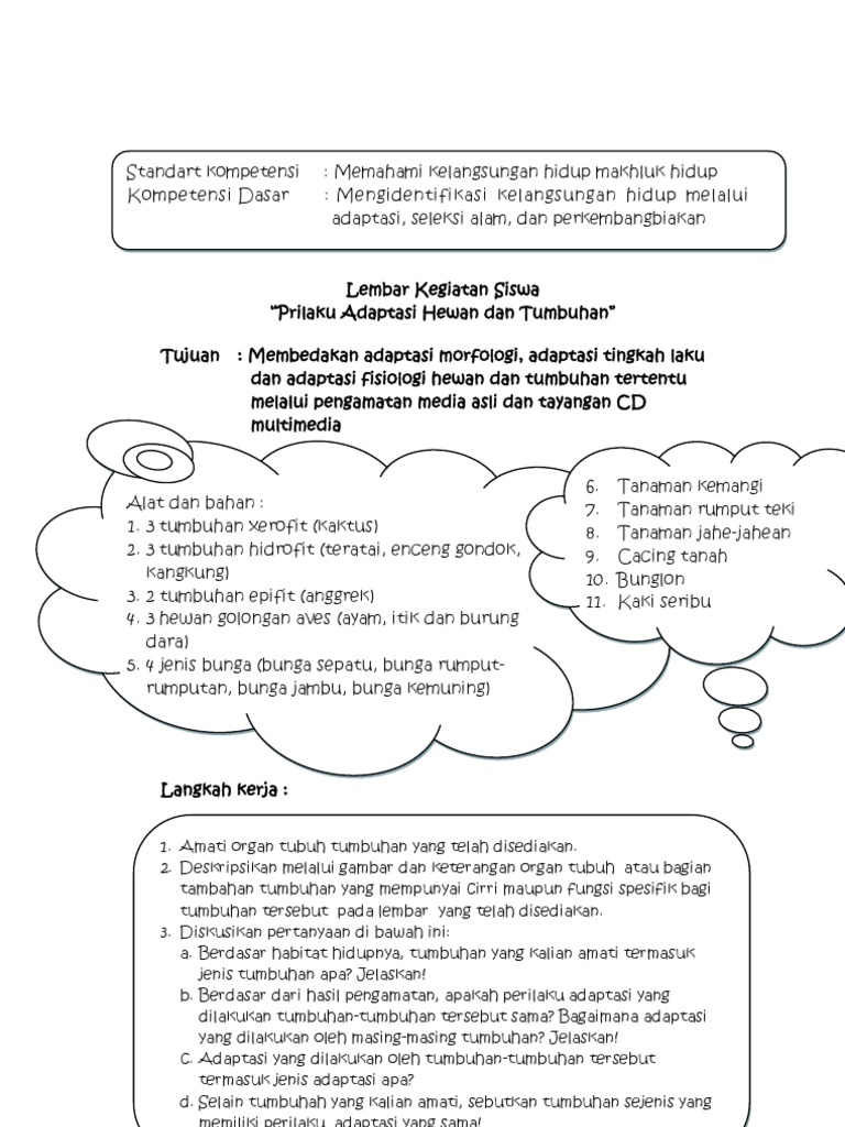 Lembar Kegiatan Siswa Prilaku Adaptasi Hewan Dan Tumbuhan
