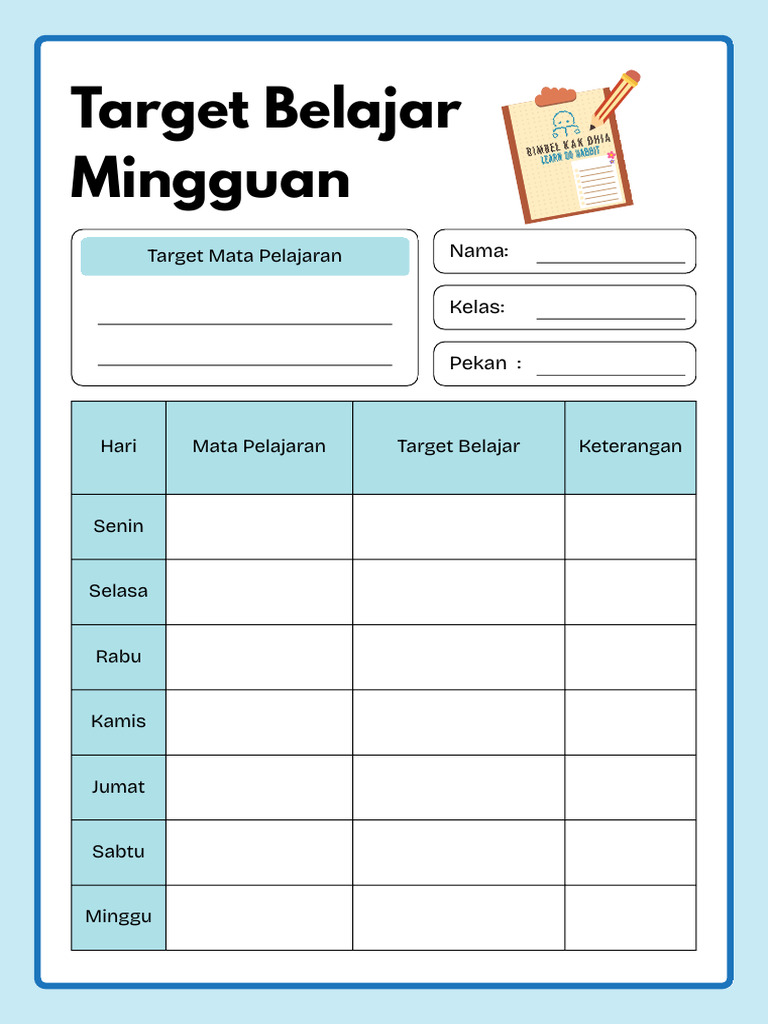 Lembar Kerja Target Belajar Mingguan Dalam Gaya Ilustratif Biru ...
