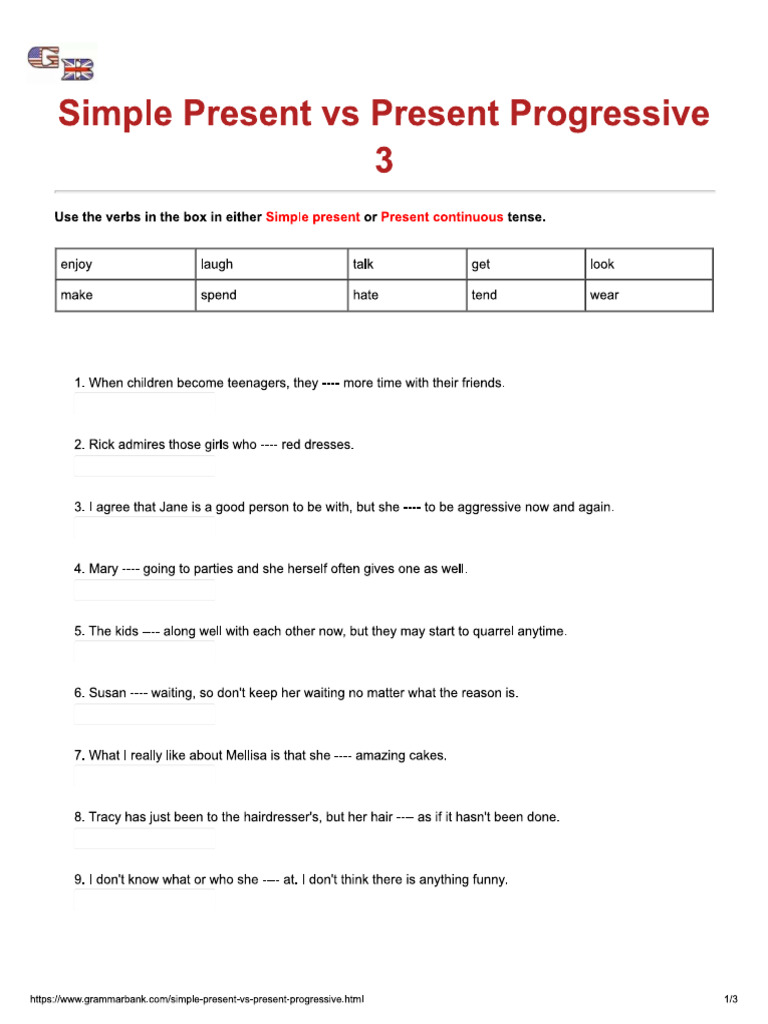 Simple Present Vs Present Progressive Worksheet | PDF