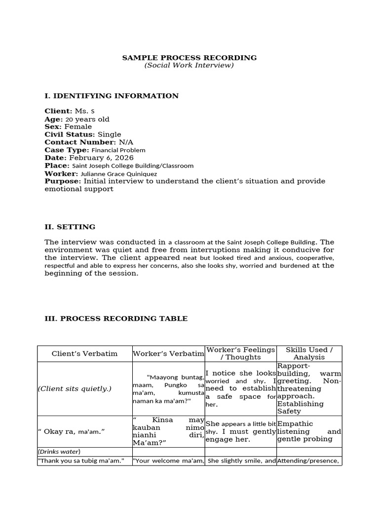 Complete Process Recording 063005 | PDF | Psychology | Cognitive Science