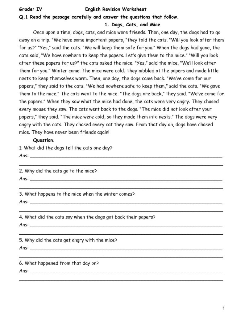 Grade IV English Revision Worksheet 2026 | PDF | Mouse