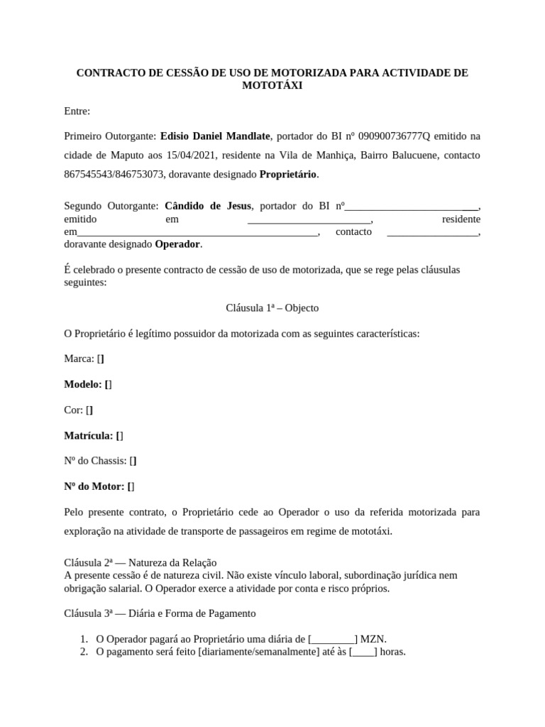 Contracto de Cessão de Uso de Motorizada para Actividade de Mototáxi | PDF