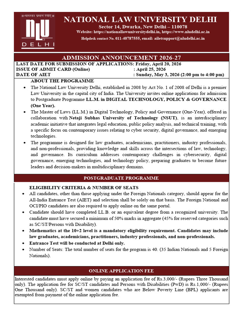Admision Notice Aiet Llm Dtpg | PDF