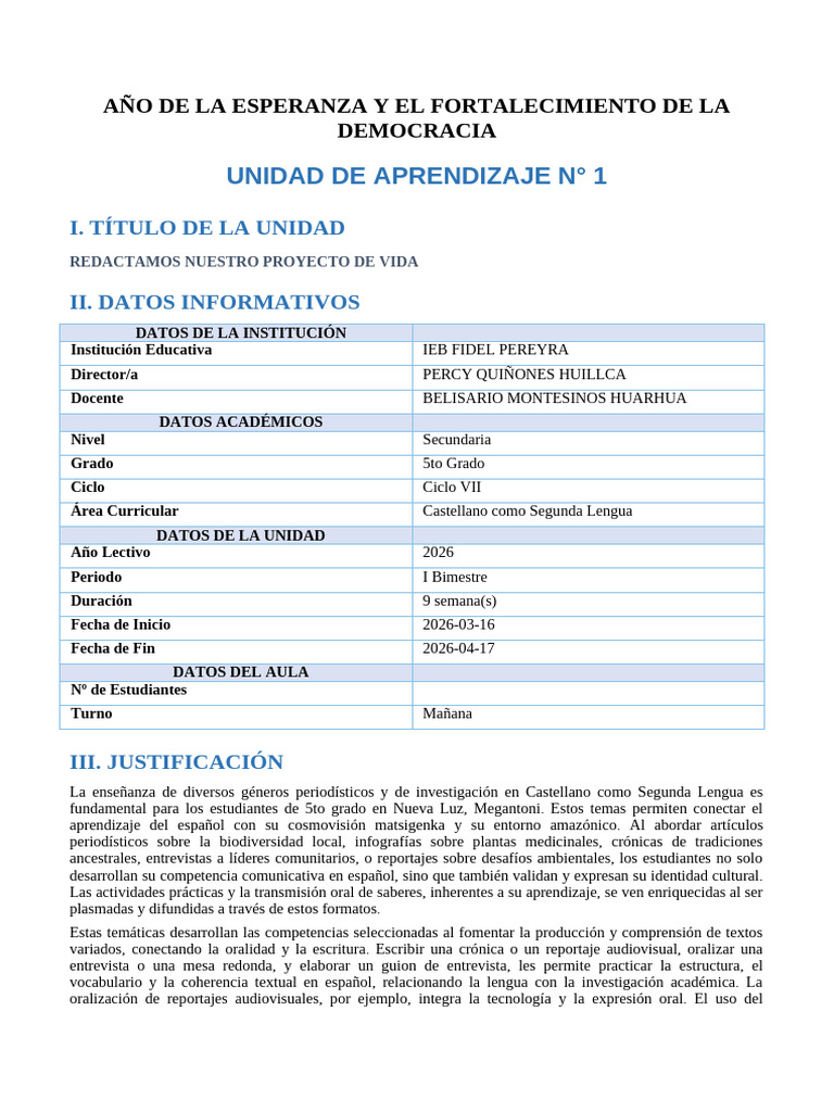 5to GradoUnidad de Aprendizaje - Redactamos Nuestro Proyecto de Vida | PDF