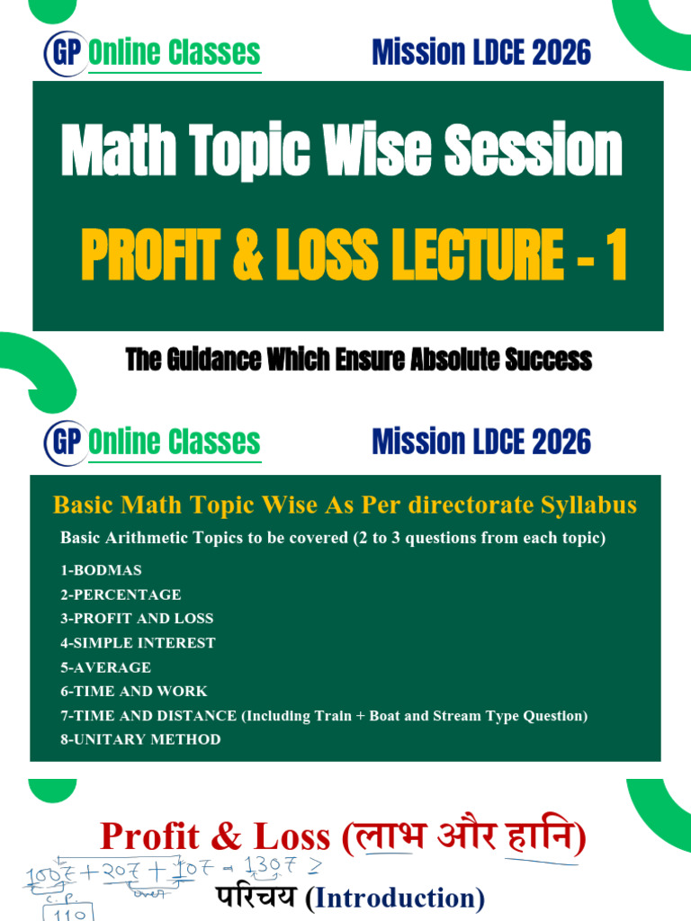 Profit and Loss Lecture-1 Math Topic Wise Session as Per Syllabus | PDF