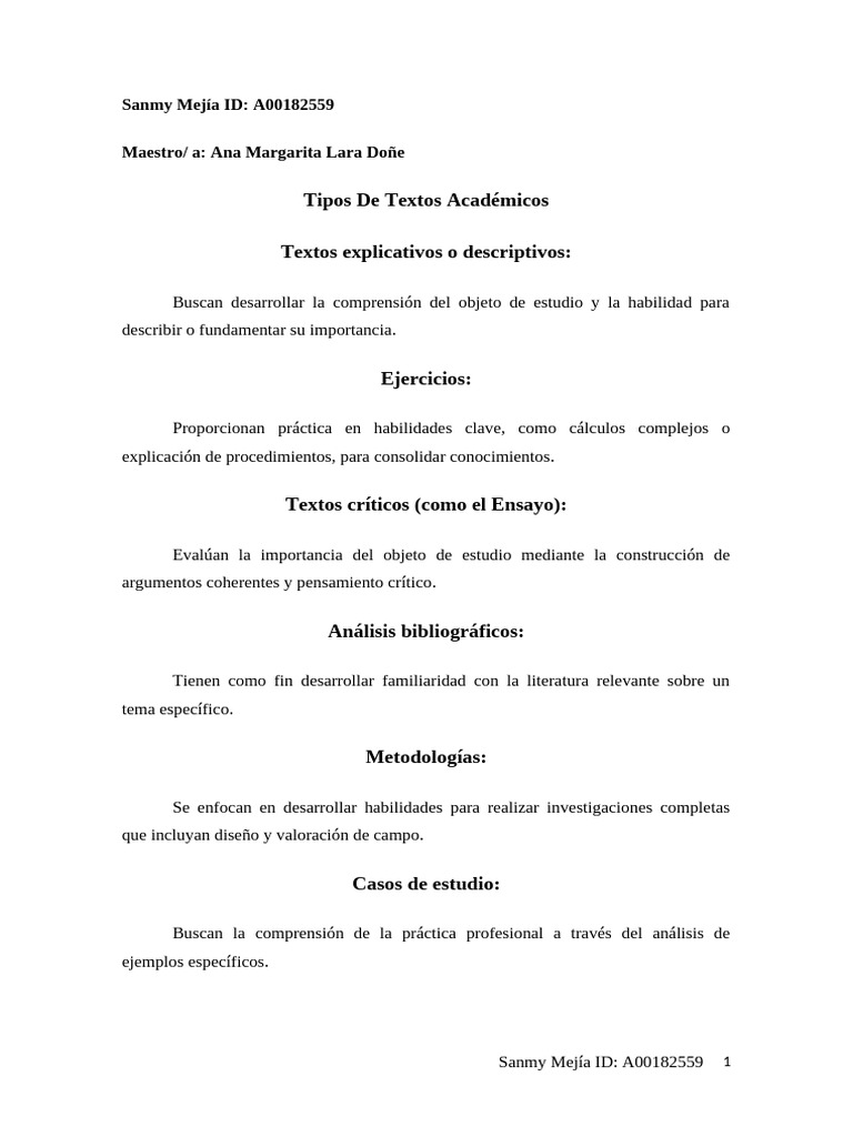 Tipos de Textos Academicos Sanmy Mejía | PDF