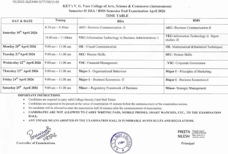 Time Table -Bba Bms Sem II April 2026 | PDF