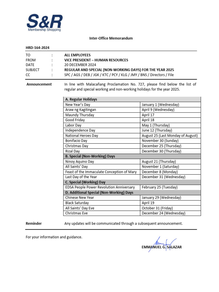 HRD-164-2024 Regular and Special (Non-Working) Days For The Year 2025 ...