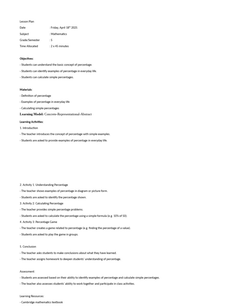 Lesson Plan Percentage | PDF | Lesson Plan | Teachers