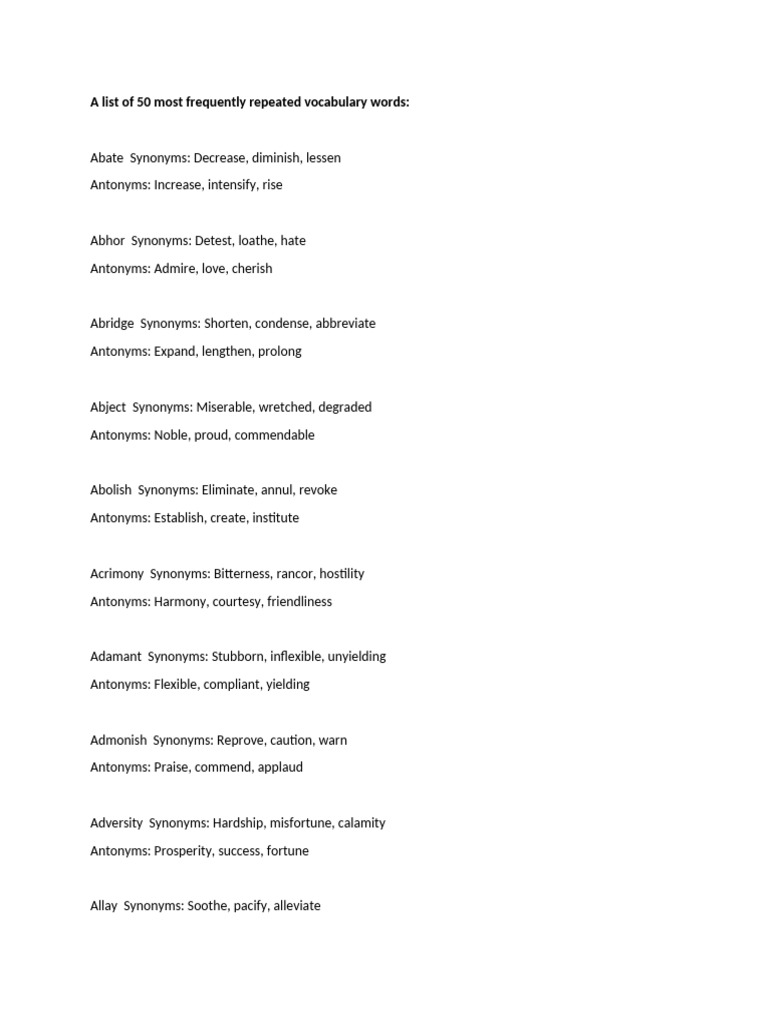 A List of 50 Most Frequently Repeated Vocabulary Words | PDF | Emotions