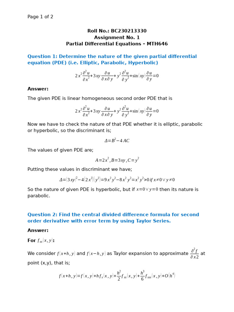 Assignment No.1 MTH646 | PDF | Partial Differential Equation | Subtraction