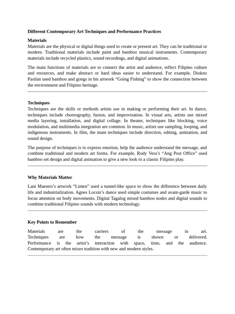 Different Contemporary Art Techniques and Performance Practices | PDF ...