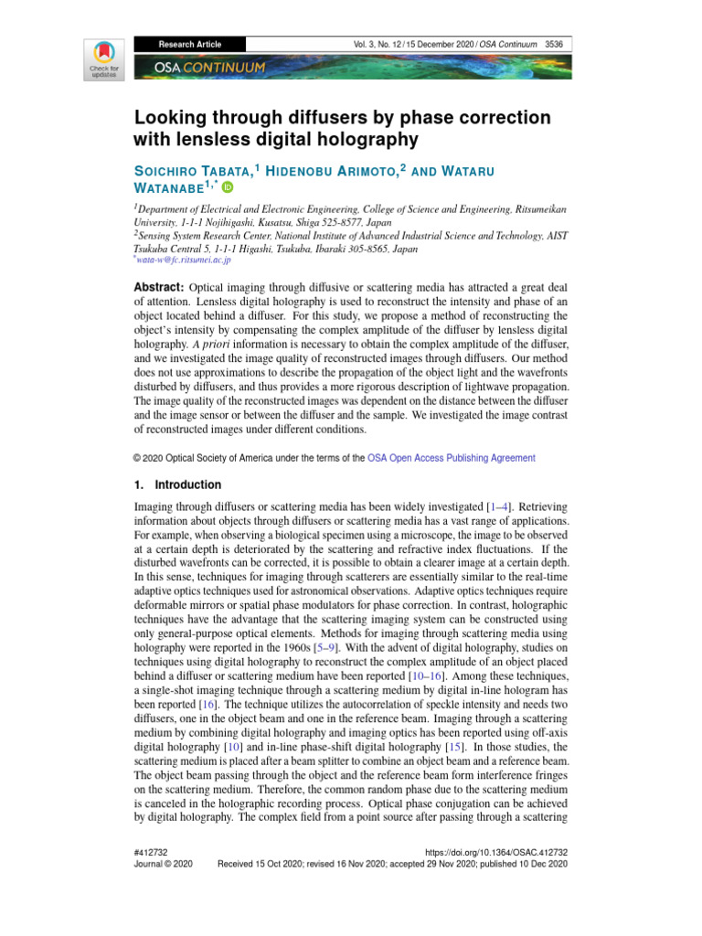 Looking Through Diffusers by Phase Correction With | PDF | Holography ...