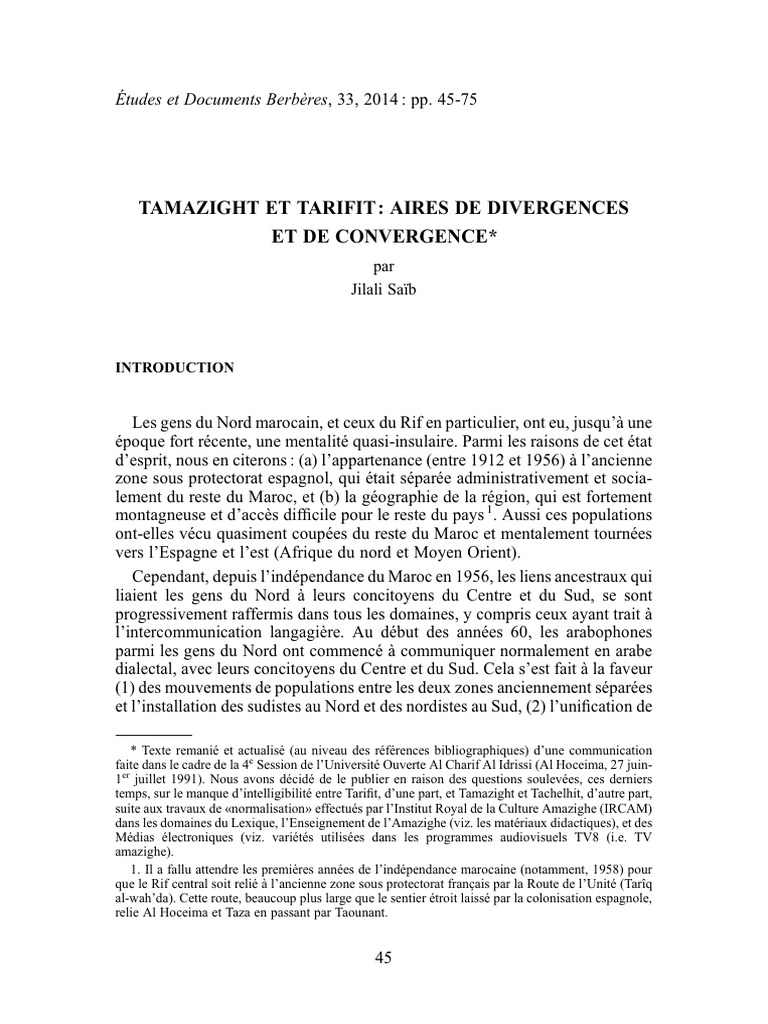 Tamazight Et Tarifit Aires de Divergenceset de Convergene | PDF ...