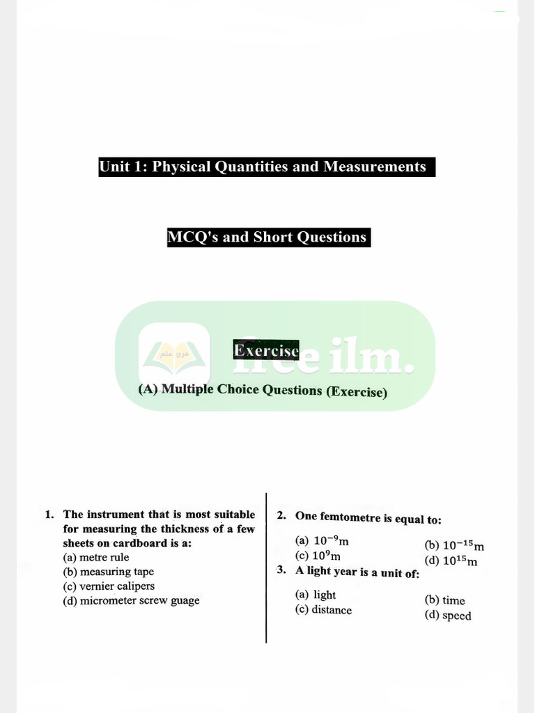 9th Phy New Ch1 MCQs and SQ_copy | PDF
