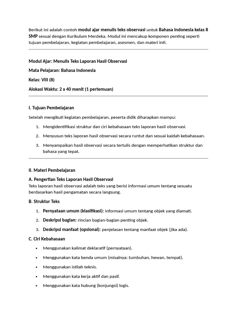 Contoh Modul Ajar B.indonesia Kelas 8 | PDF