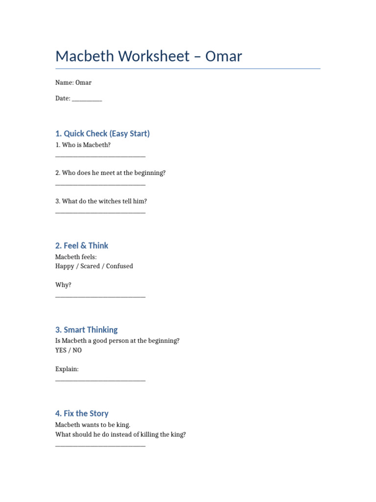 Macbeth Worksheet Omar | PDF