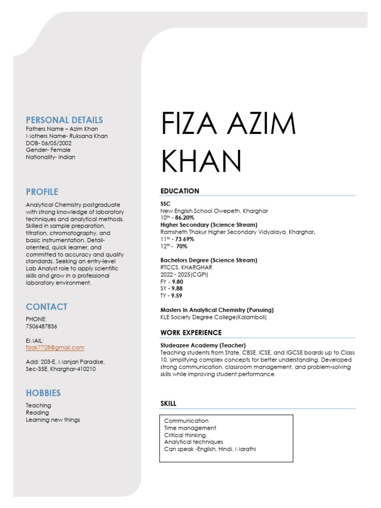 Fiza Azim Khan Resume | PDF