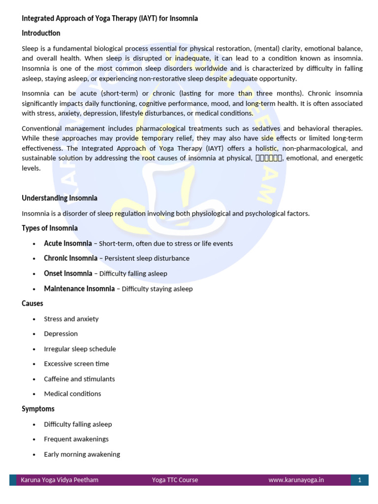 Integrated Approach of Yoga Therapy (IAYT) for Insomnia | PDF ...