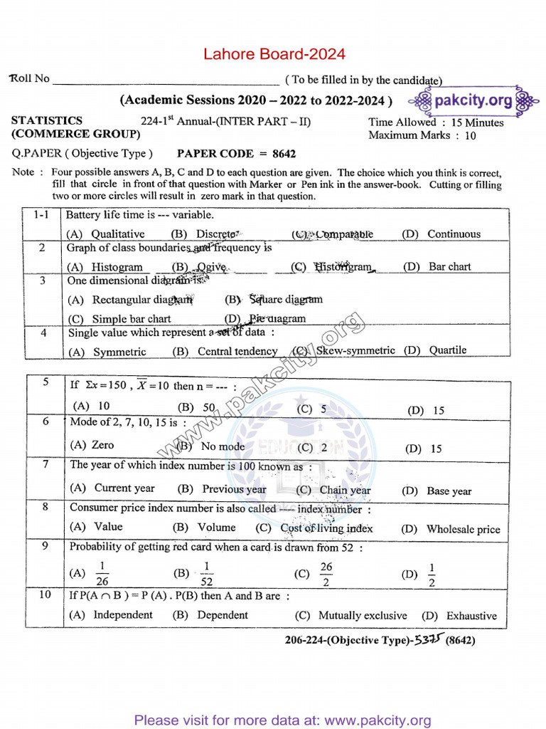 Class 12 Statistics Past Papers Lahore Board | PDF